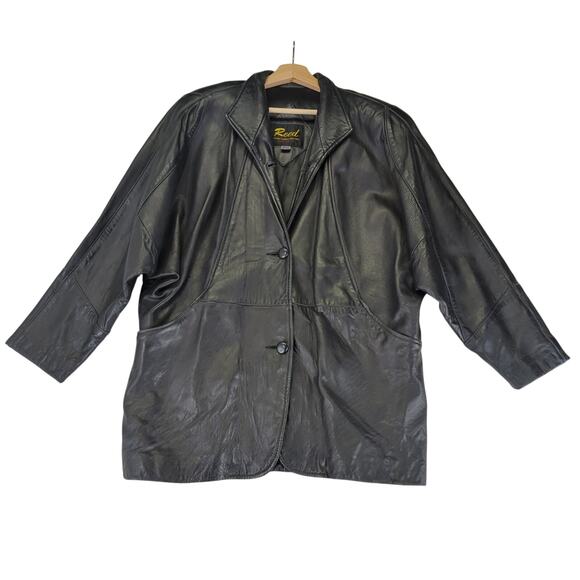 Reed Black Leather Jacket Vintage Made in USA Women's Size Medium Button Front - Picture 1 of 10